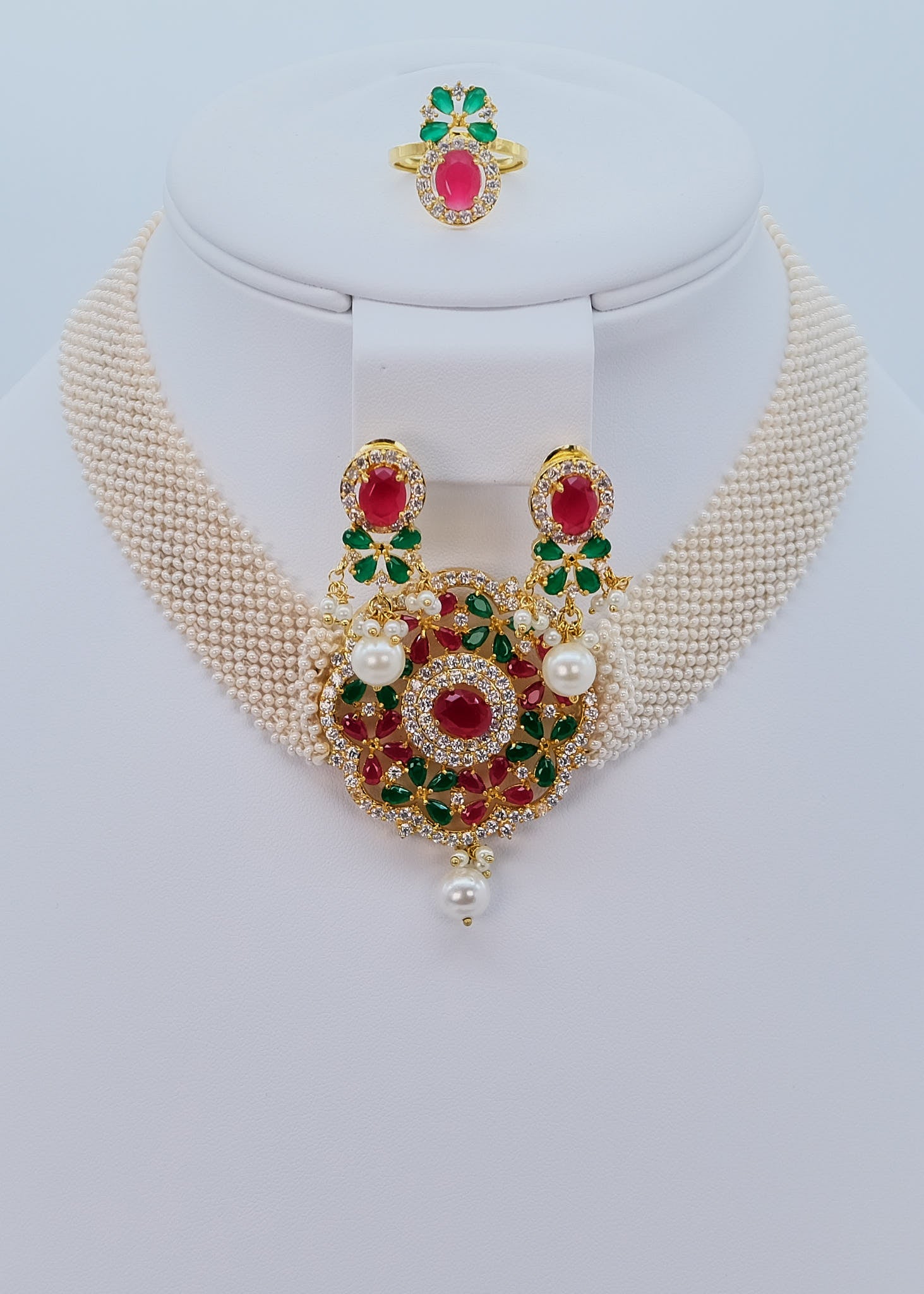 Ivory Pearl Chatai Multicolor Diamond Necklace Choker Set