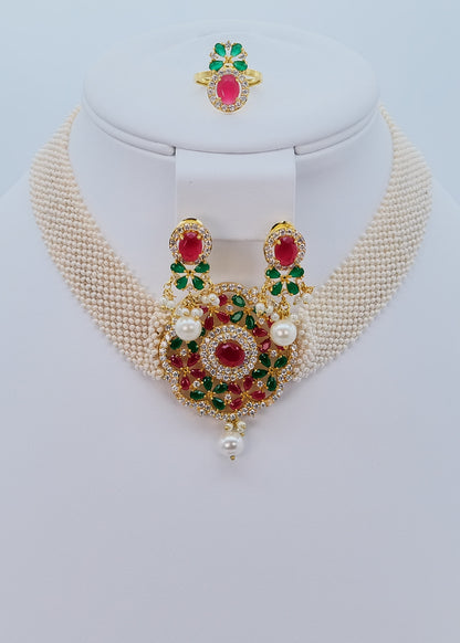 Ivory Pearl Chatai Multicolor Diamond Necklace Choker Set
