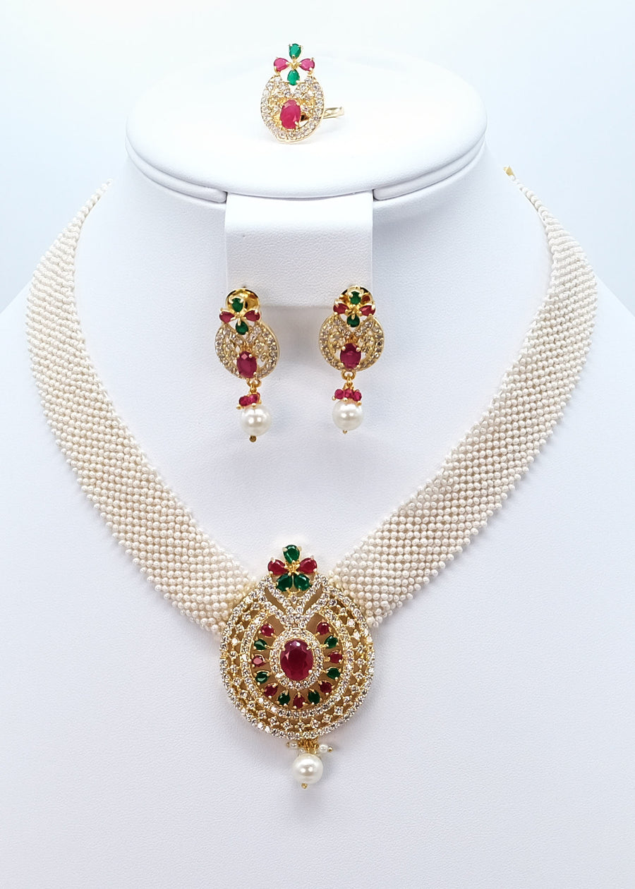 Ivory Pearl Chatai Multicolor Diamond Necklace Choker Set