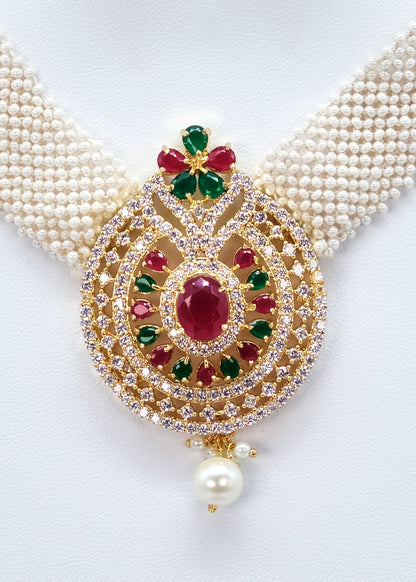 Ivory Pearl Chatai Multicolor Diamond Necklace Choker Set