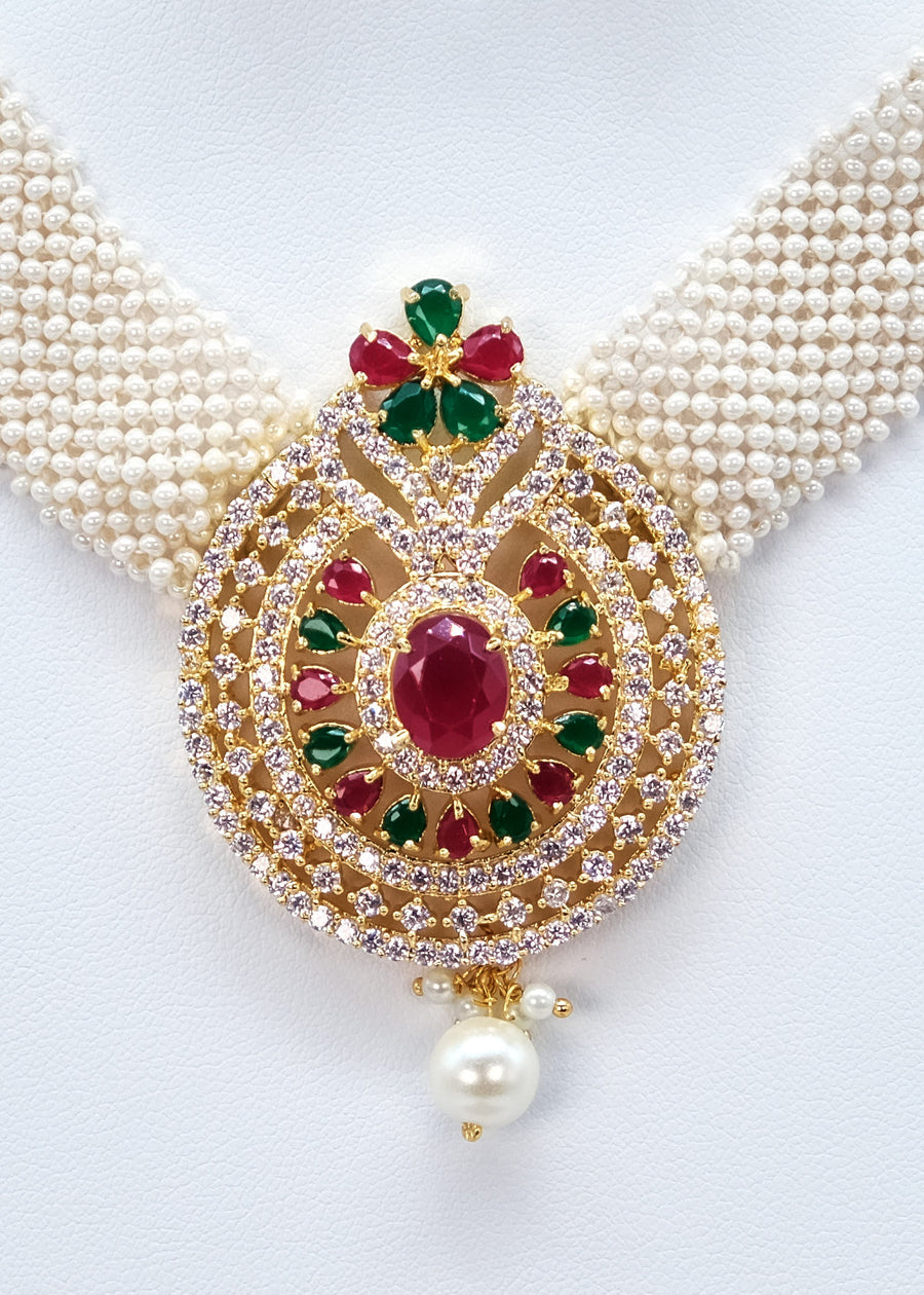 Ivory Pearl Chatai Multicolor Diamond Necklace Choker Set
