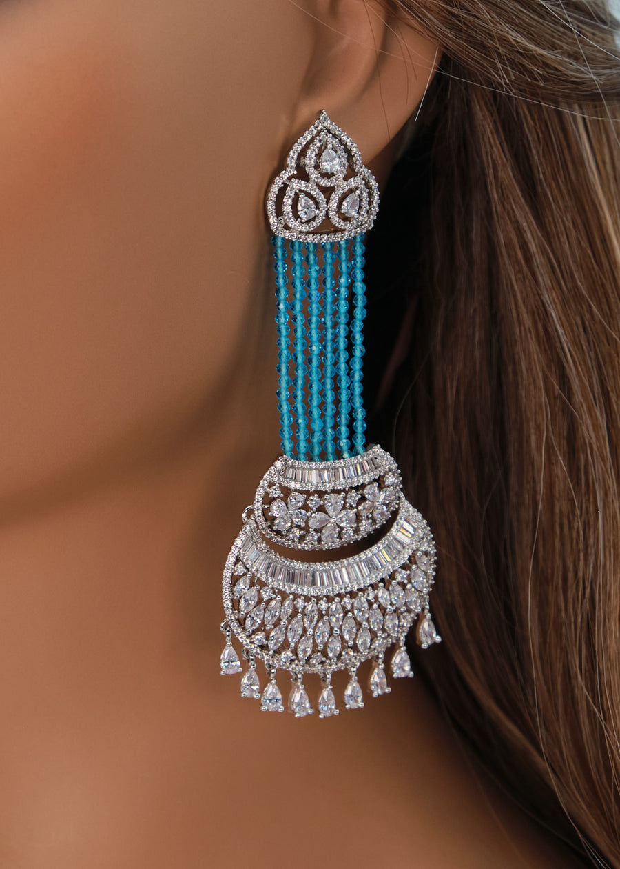 Nayab Statement CZ Chandelier Long Earrings - Sky Blue