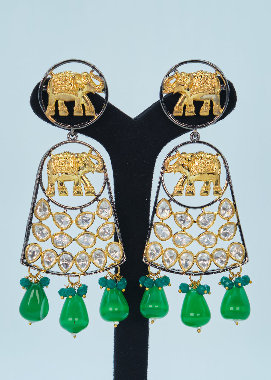 Dual Tone Elephant Kundan Long Earrings