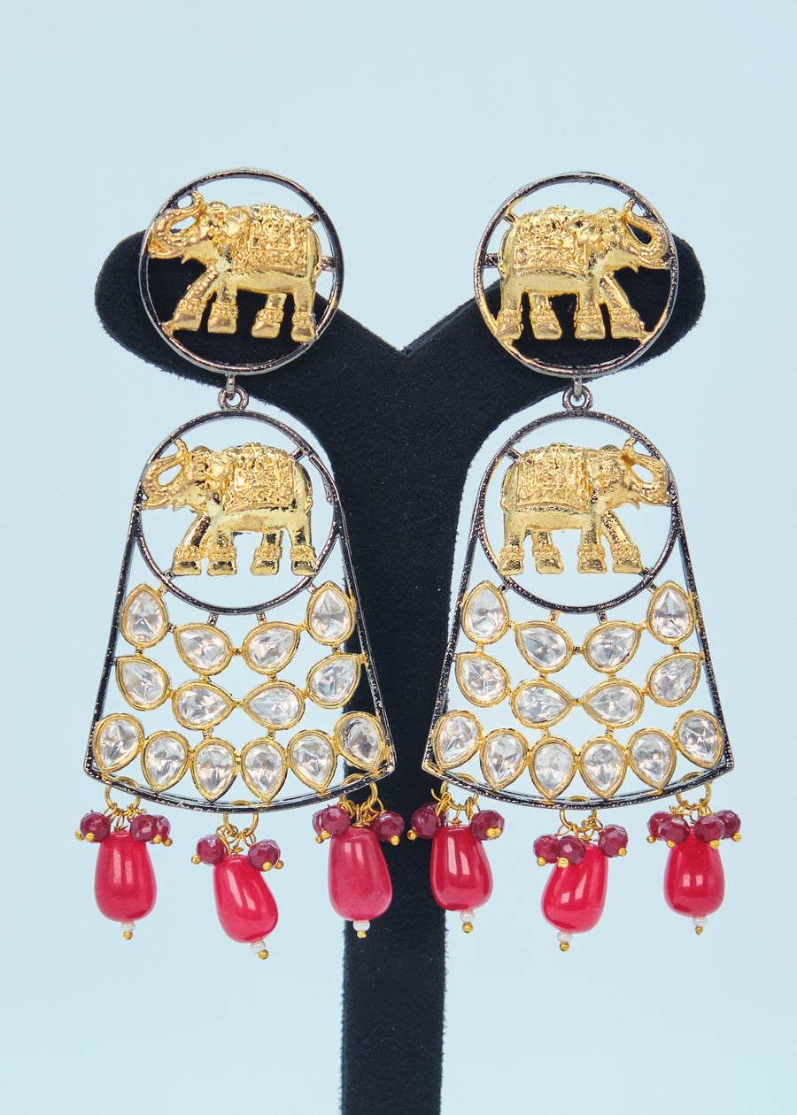 Dual Tone Elephant Kundan Long Earrings