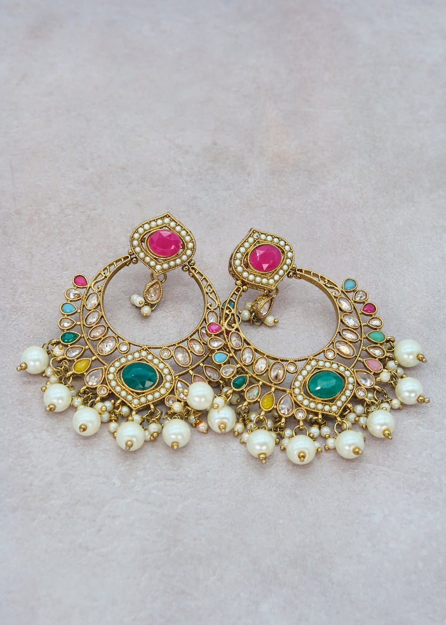 Meera Polki Earrings With Tikka Set - Multicolor