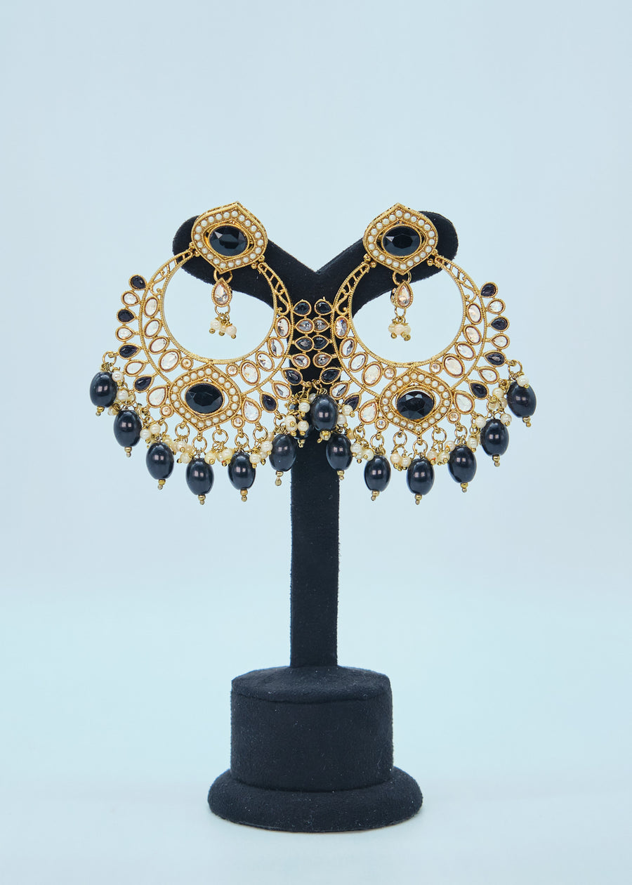 Meera Polki Earrings With Tikka Set - Black