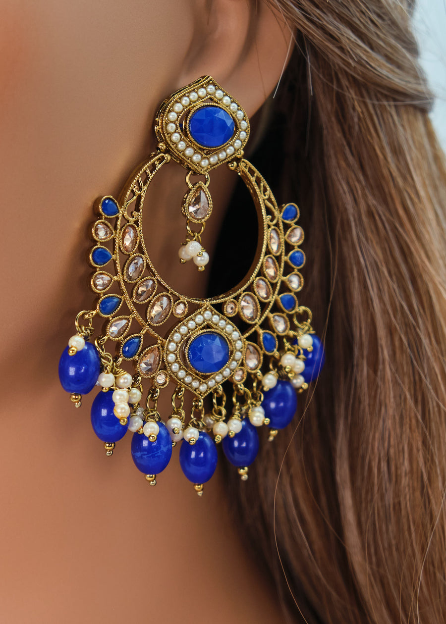Meera Polki Earrings With Tikka Set - Blue