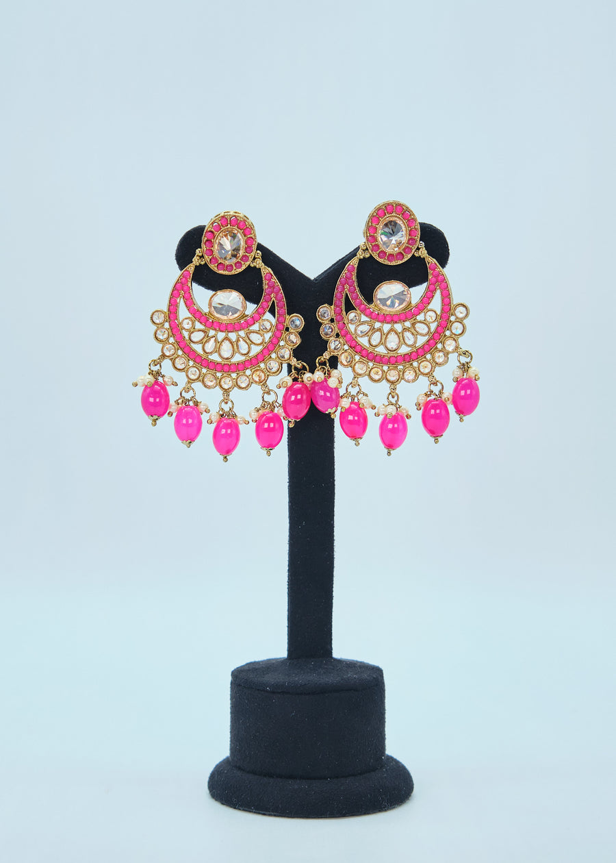 Nyra Polki Earrings With Tikka Set - Hot Pink