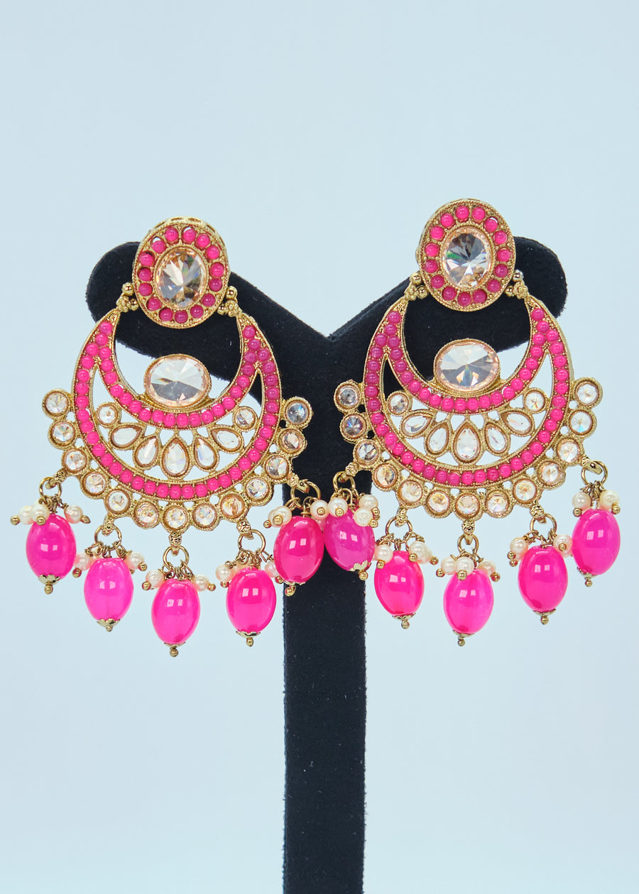 Nyra Polki Earrings With Tikka Set - Hot Pink