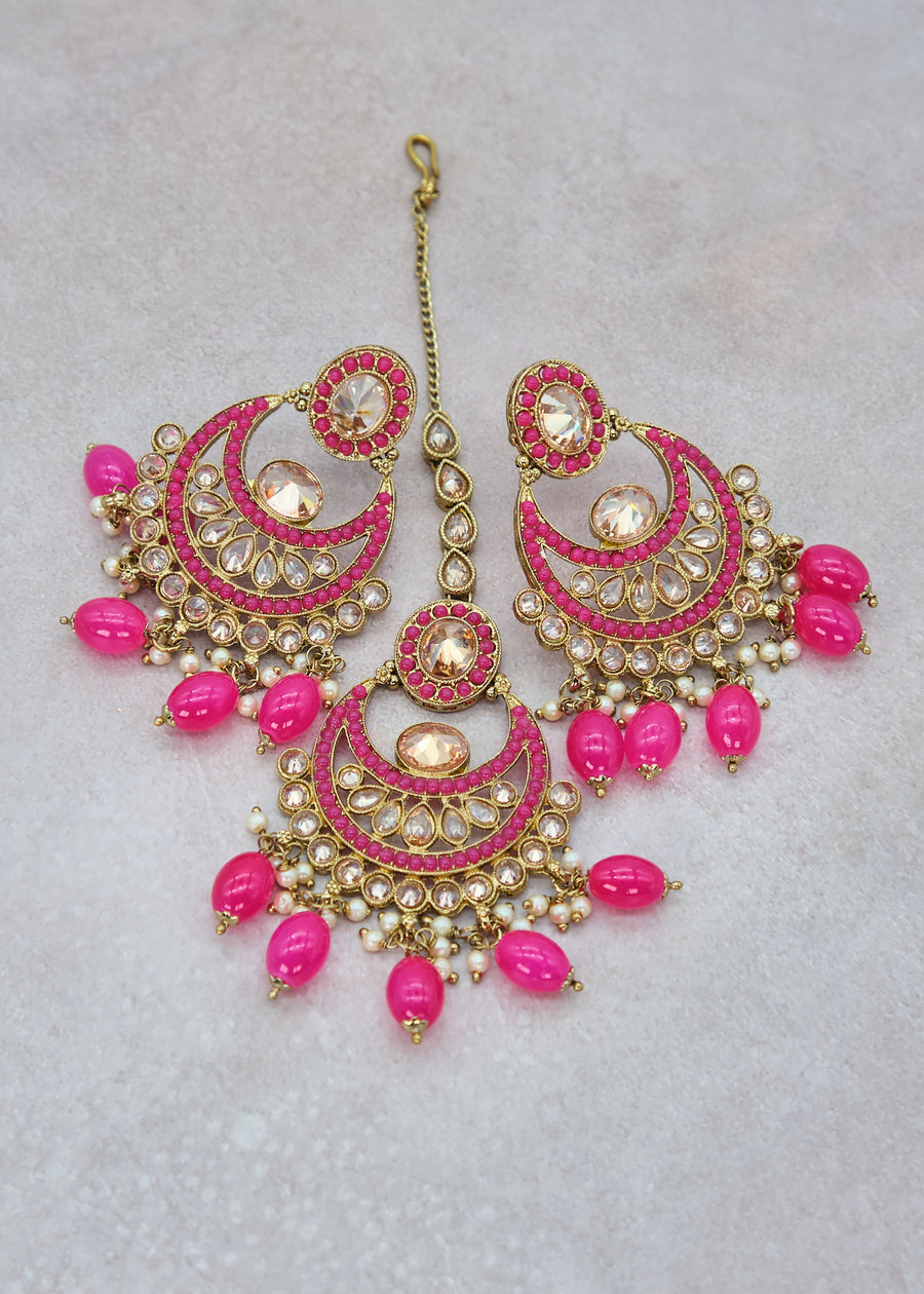 Nyra Polki Earrings With Tikka Set - Hot Pink
