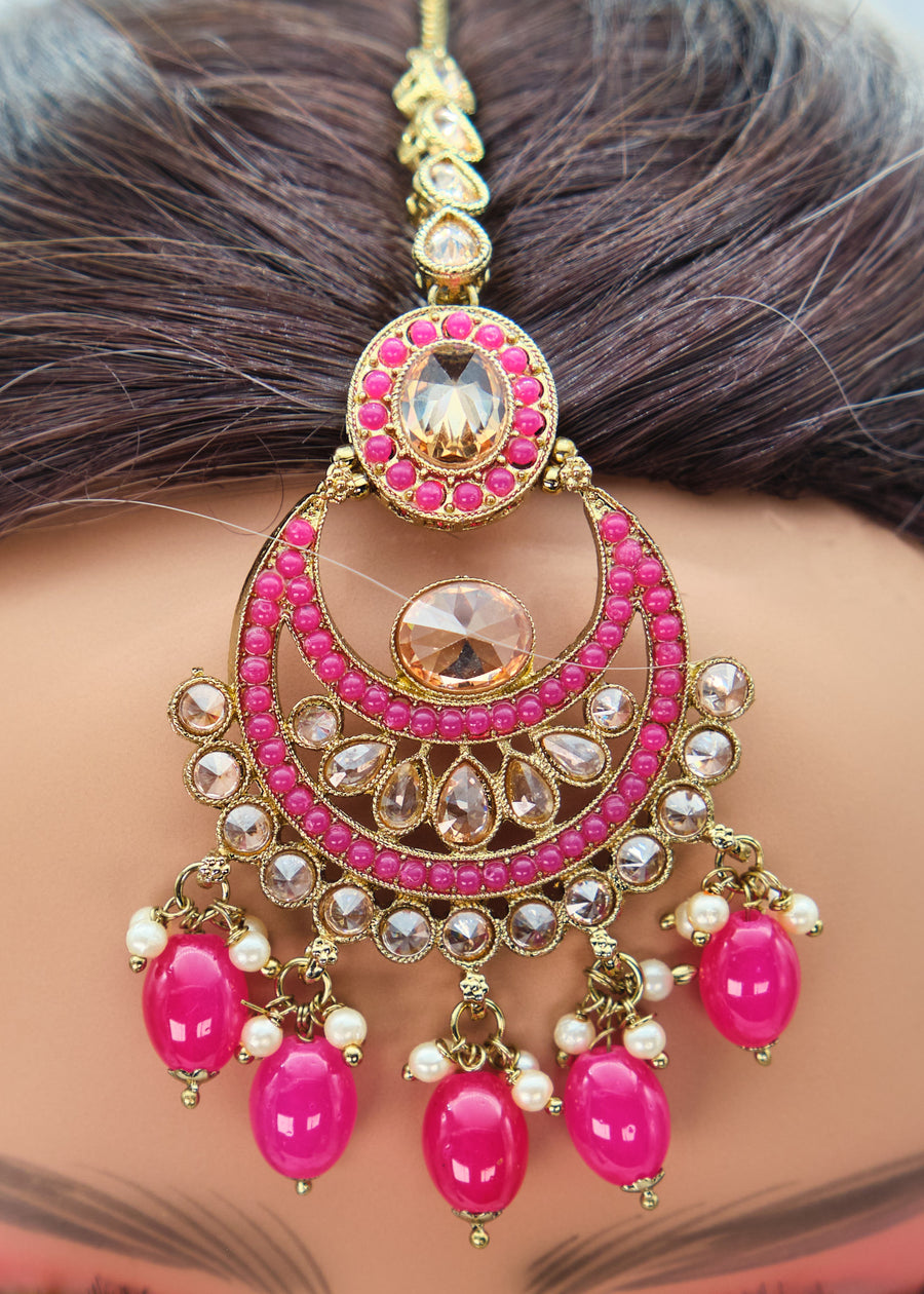 Nyra Polki Earrings With Tikka Set - Hot Pink
