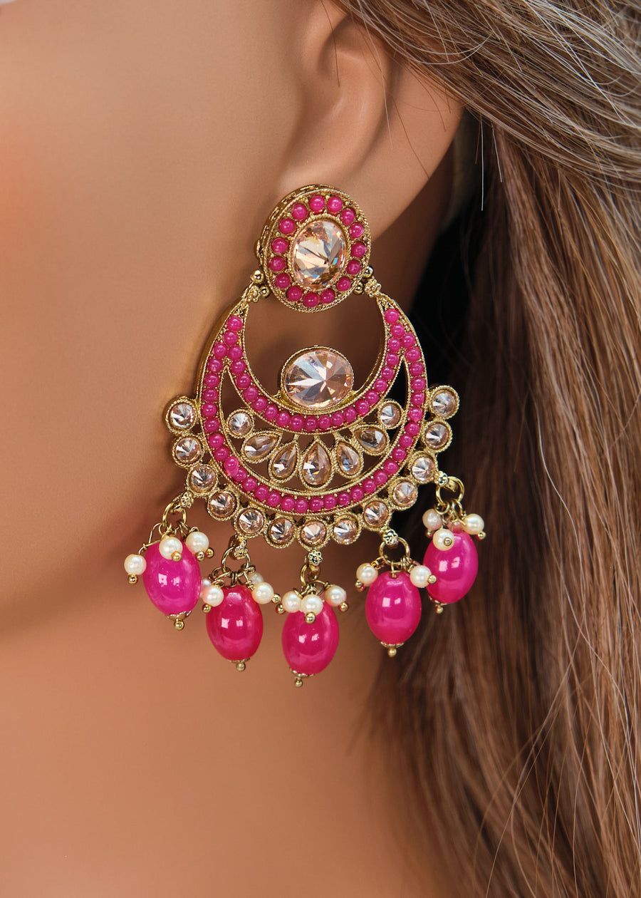 Nyra Polki Earrings With Tikka Set - Hot Pink