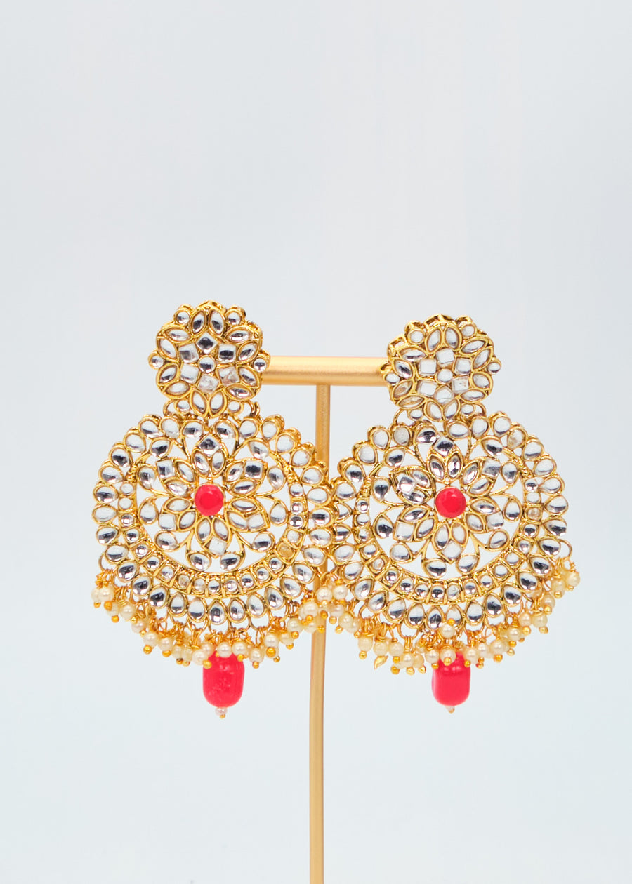 Red Long Kundan Necklace With Maang Tikka Set