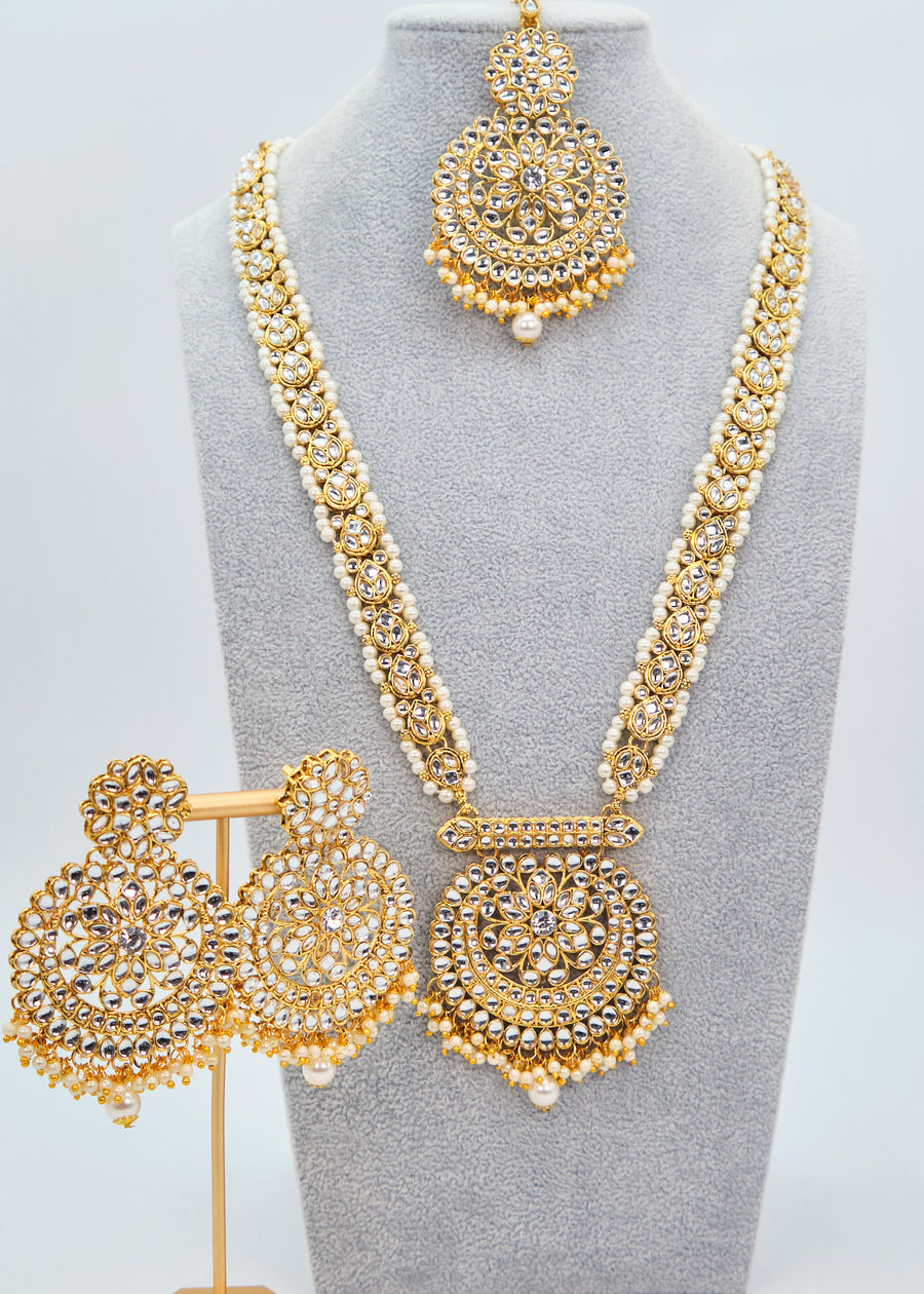 Pearl Long Kundan Necklace With Maang Tikka Set