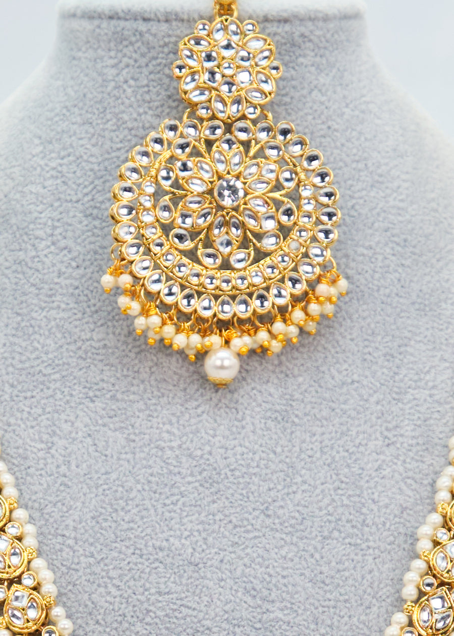 Pearl Long Kundan Necklace With Maang Tikka Set