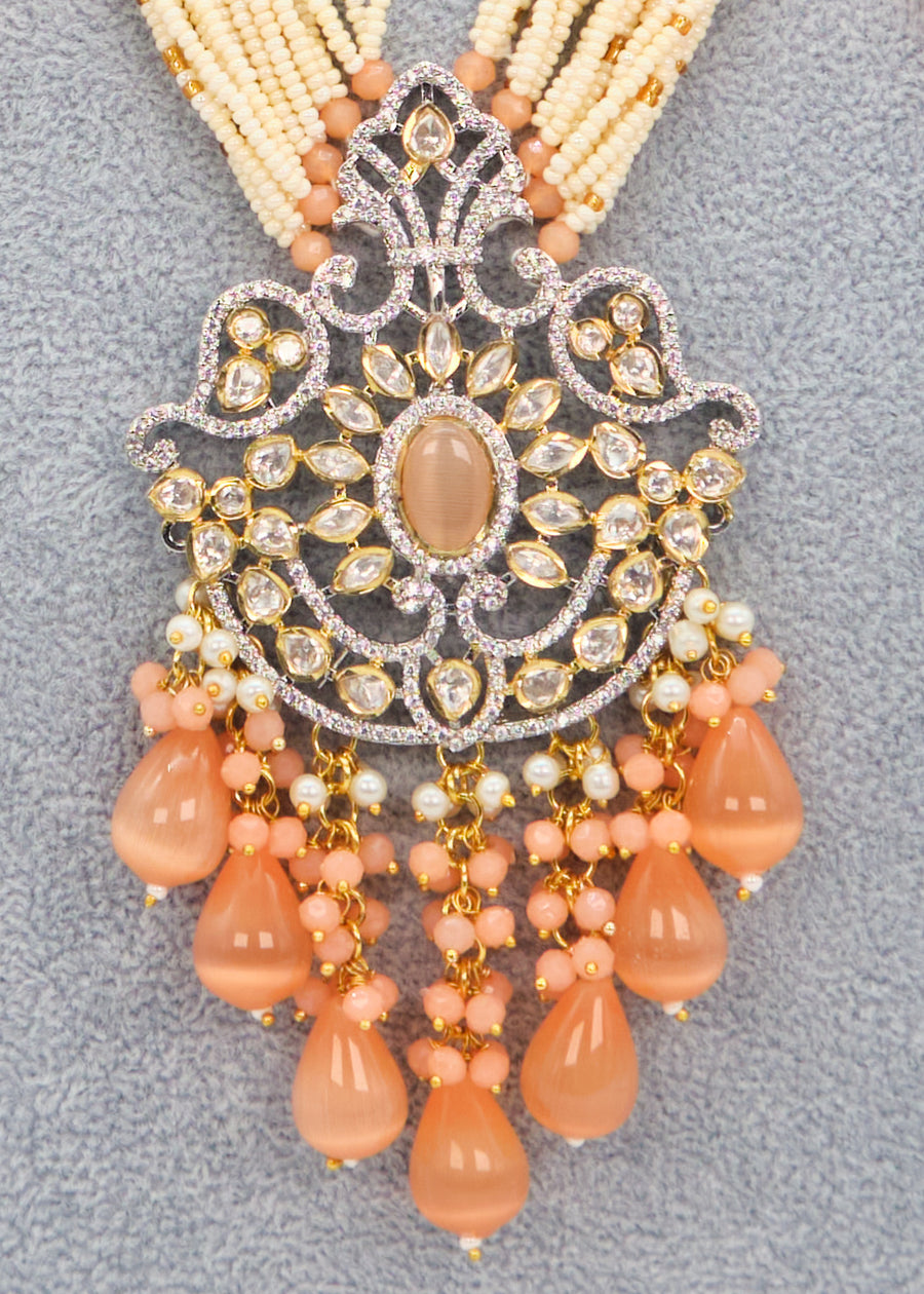 Peach Dual Tone Long Tyaani Kundan Mala Necklace Set