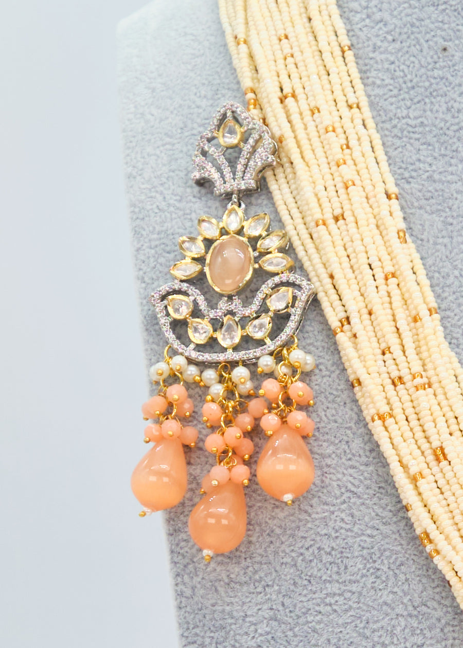 Peach Dual Tone Long Tyaani Kundan Mala Necklace Set