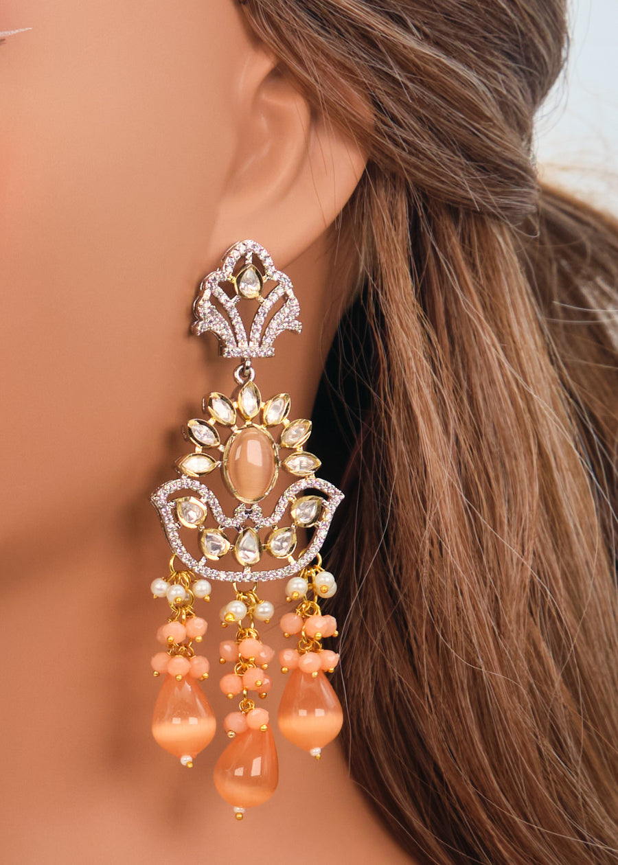 Peach Dual Tone Long Tyaani Kundan Mala Necklace Set