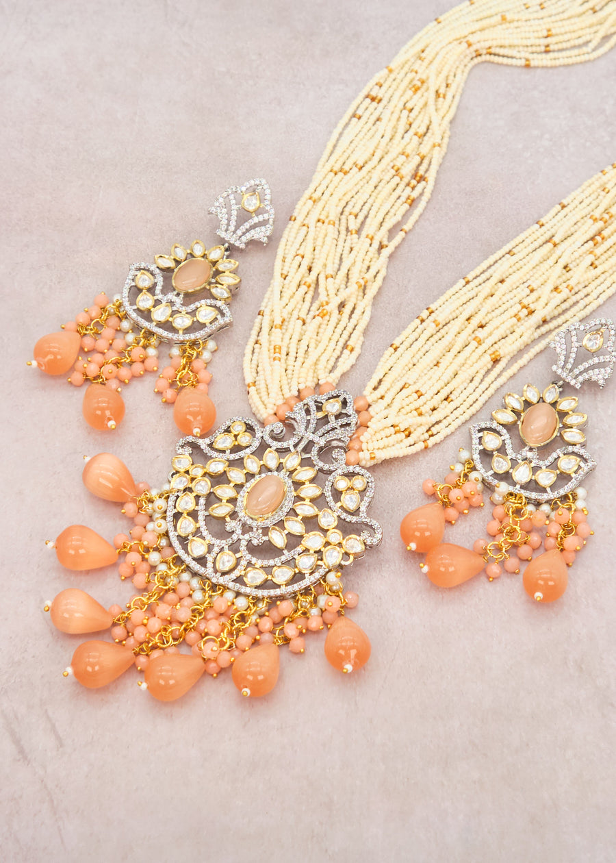 Peach Dual Tone Long Tyaani Kundan Mala Necklace Set