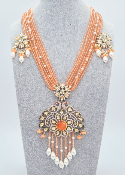 Tyaani Kundan Double Peacock Mala Necklace Set - Peach