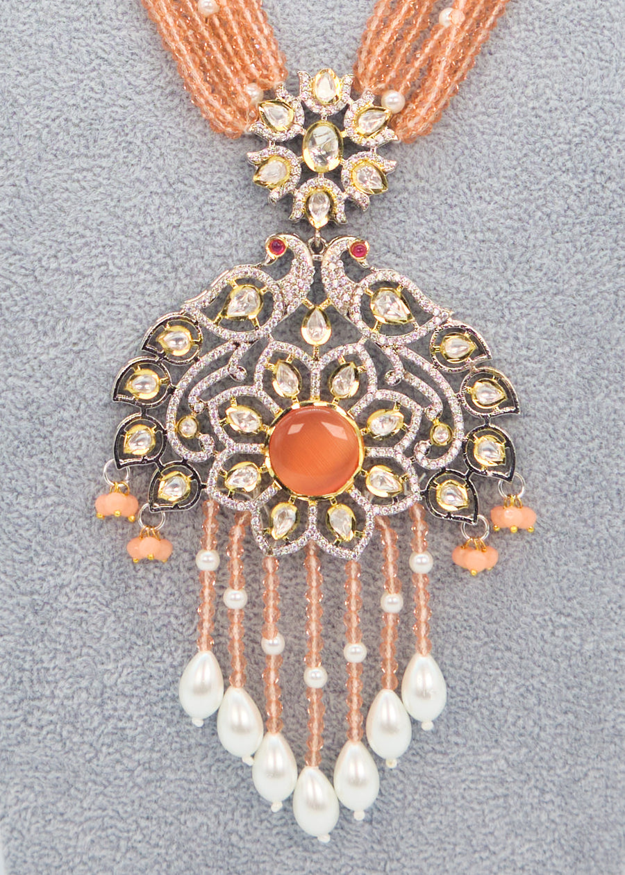 Tyaani Kundan Double Peacock Mala Necklace Set - Peach