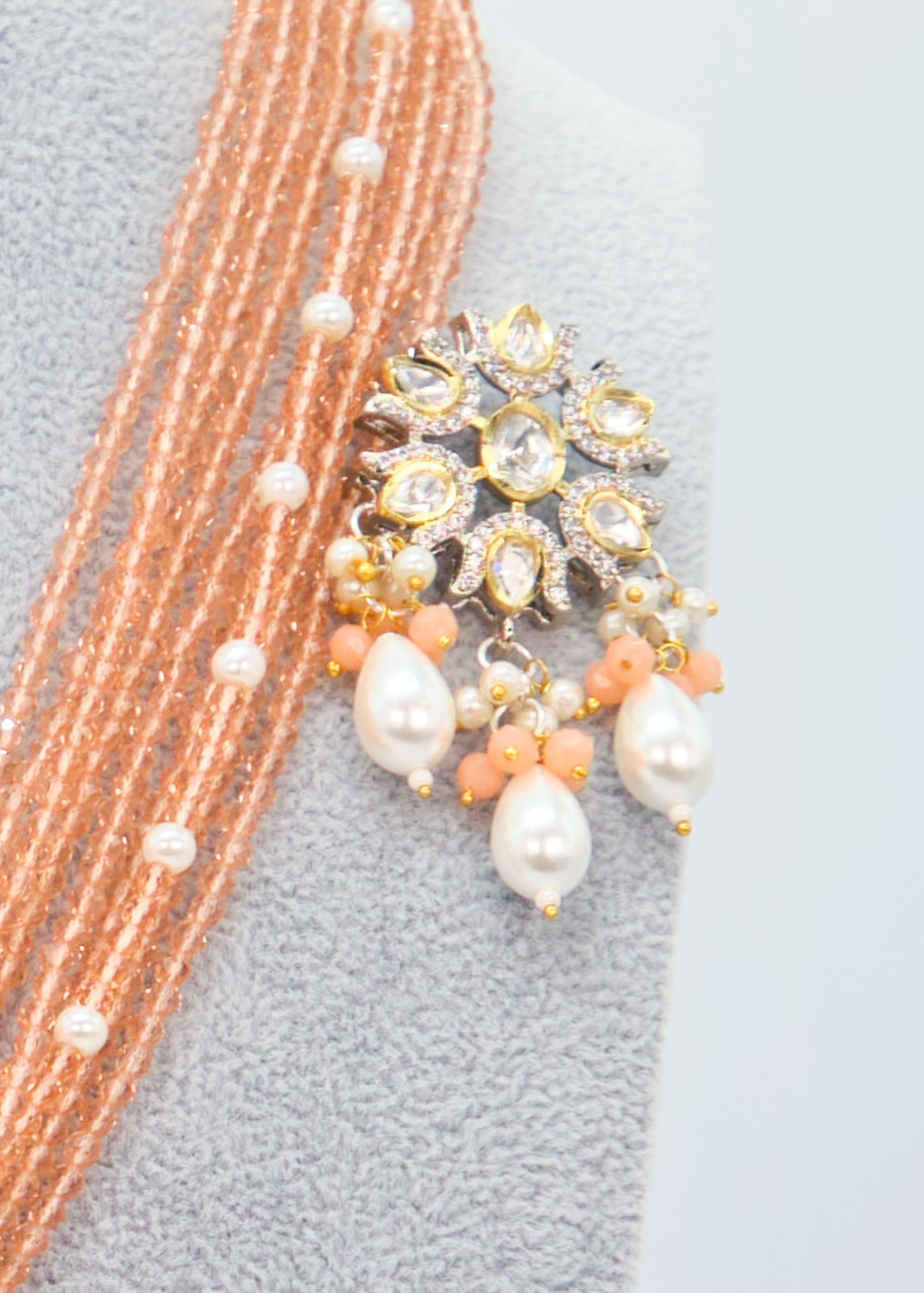Tyaani Kundan Double Peacock Mala Necklace Set - Peach