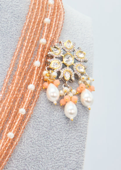 Tyaani Kundan Double Peacock Mala Necklace Set - Peach