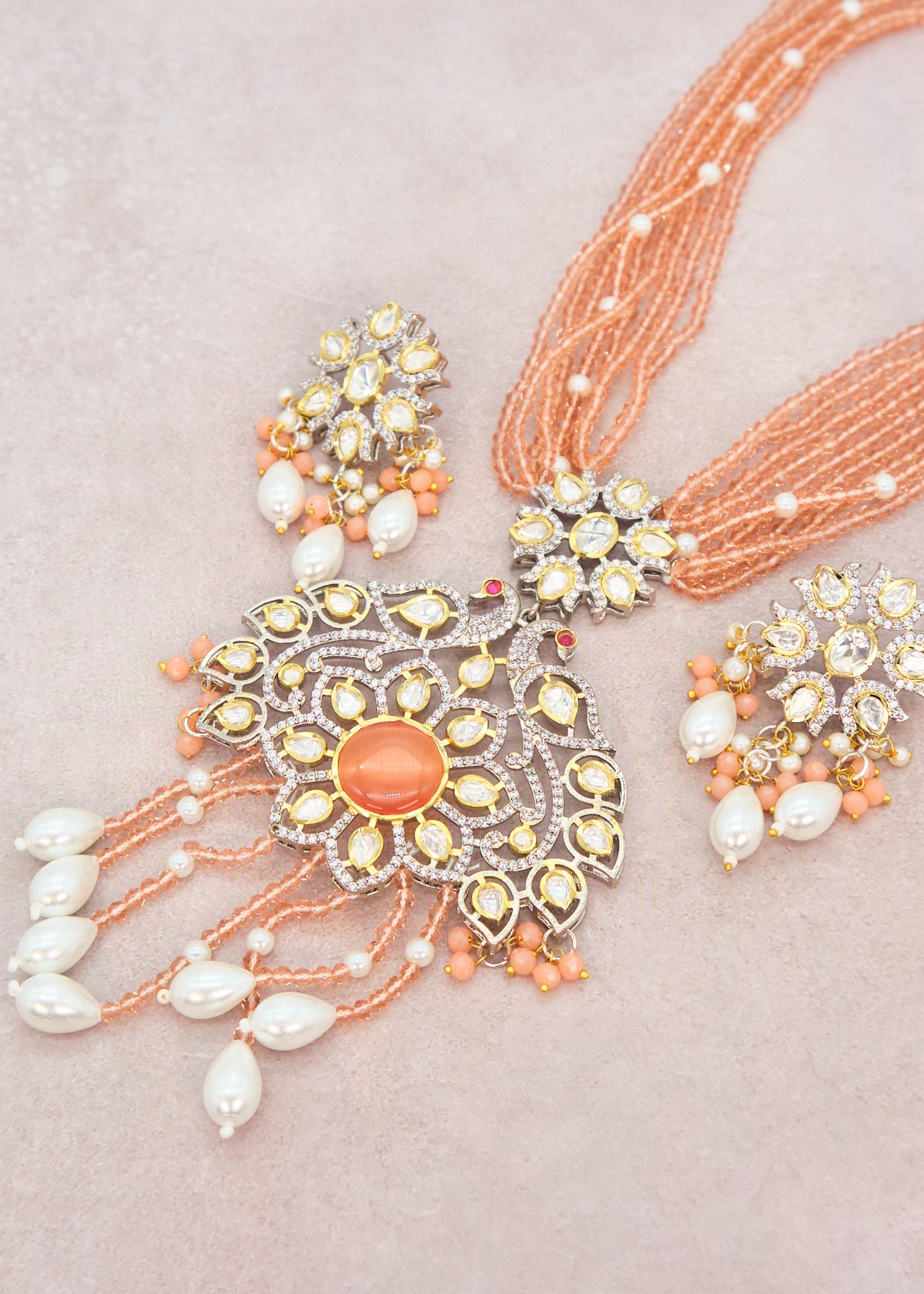 Tyaani Kundan Double Peacock Mala Necklace Set - Peach