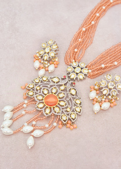 Tyaani Kundan Double Peacock Mala Necklace Set - Peach