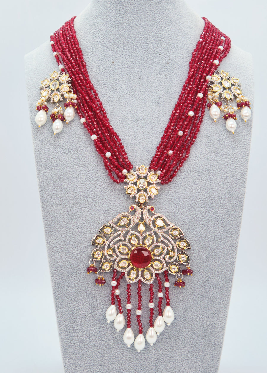 Tyaani Kundan Double Peacock Mala Necklace Set - Maroon