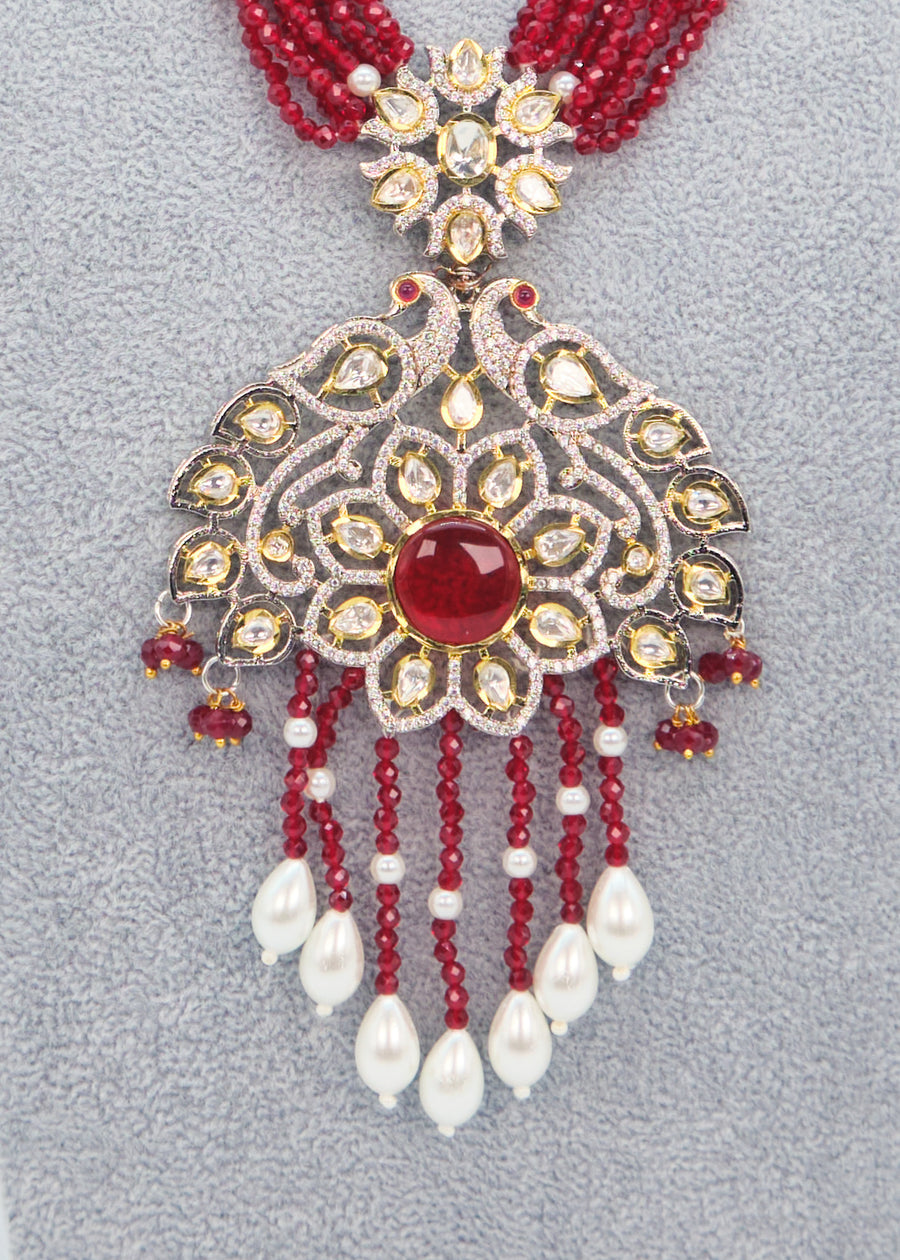 Tyaani Kundan Double Peacock Mala Necklace Set - Maroon