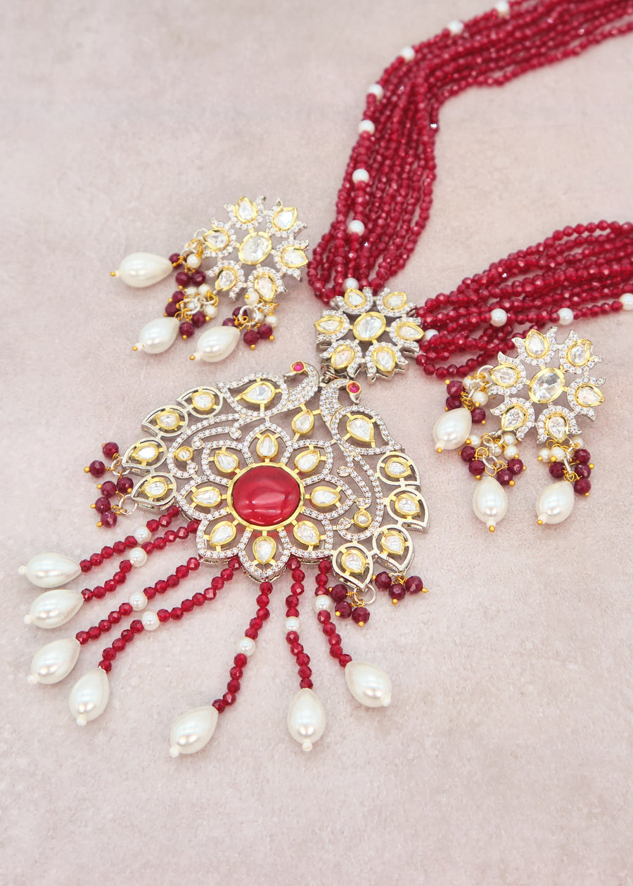 Tyaani Kundan Double Peacock Mala Necklace Set - Maroon