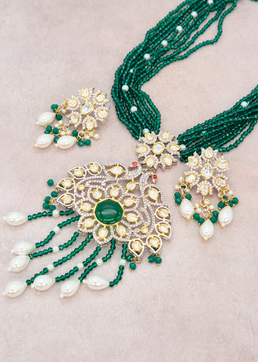 Tyaani Kundan Double Peacock Mala Necklace Set - Emerald