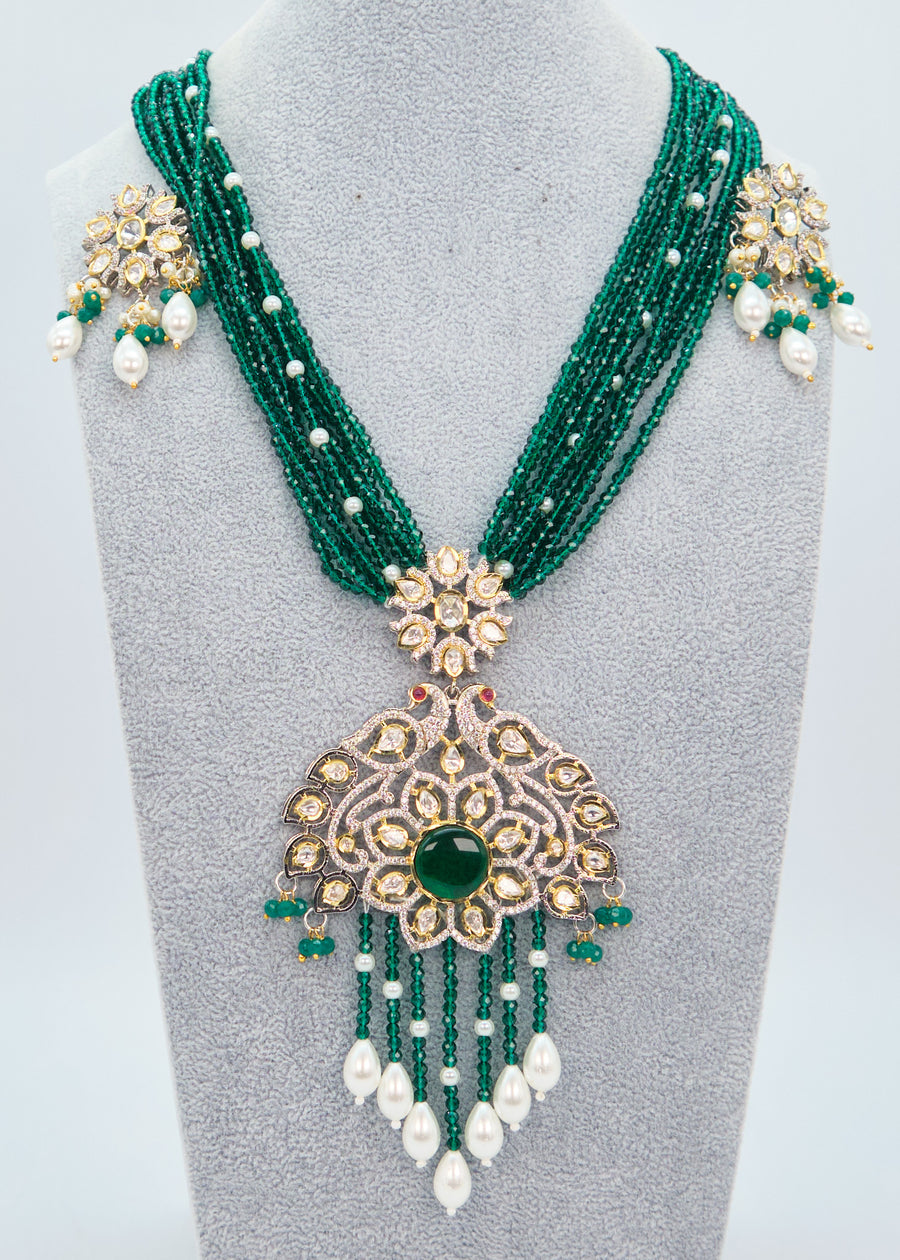 Tyaani Kundan Double Peacock Mala Necklace Set - Emerald