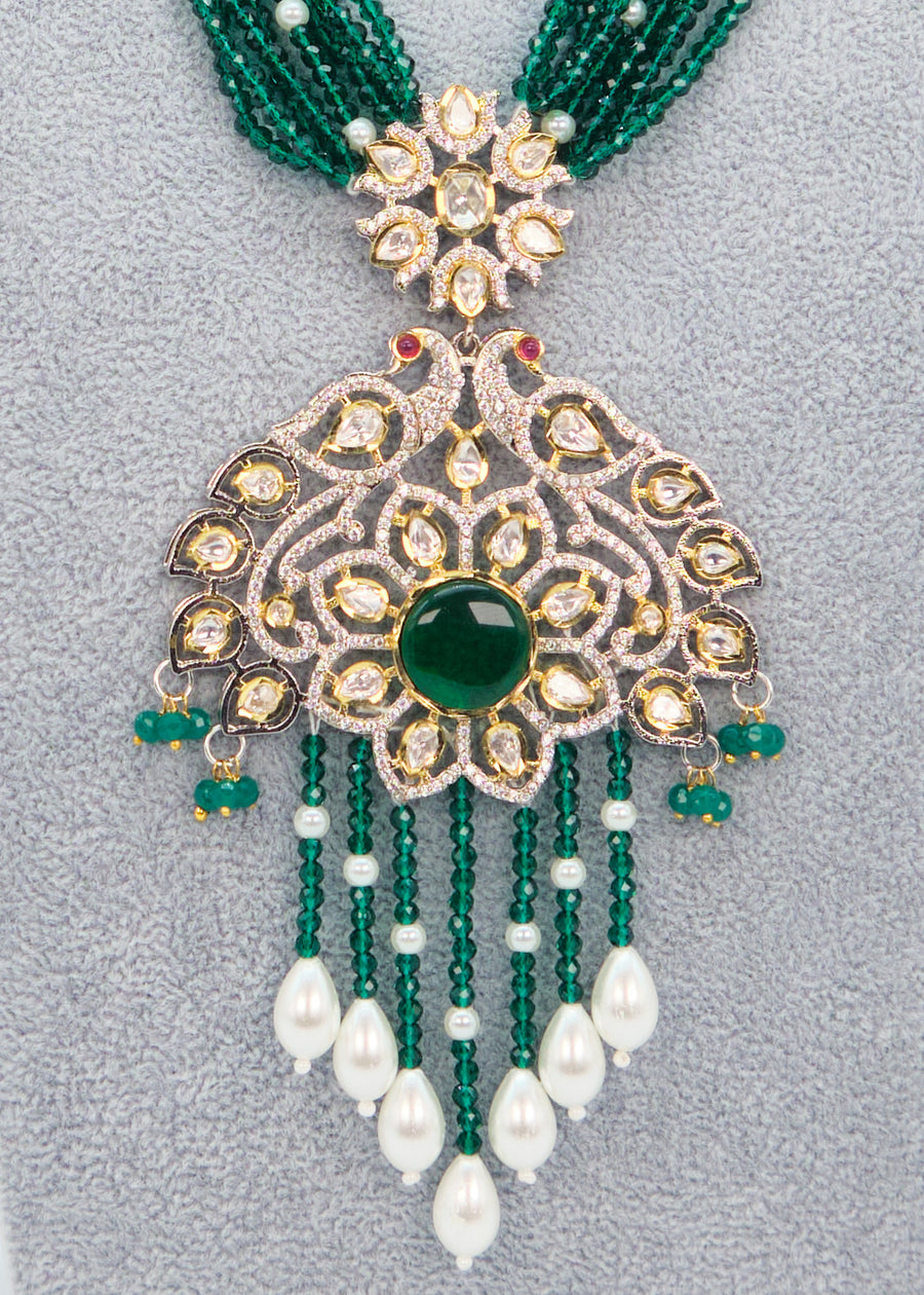 Tyaani Kundan Double Peacock Mala Necklace Set - Emerald