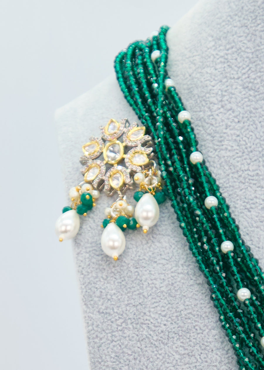 Tyaani Kundan Double Peacock Mala Necklace Set - Emerald