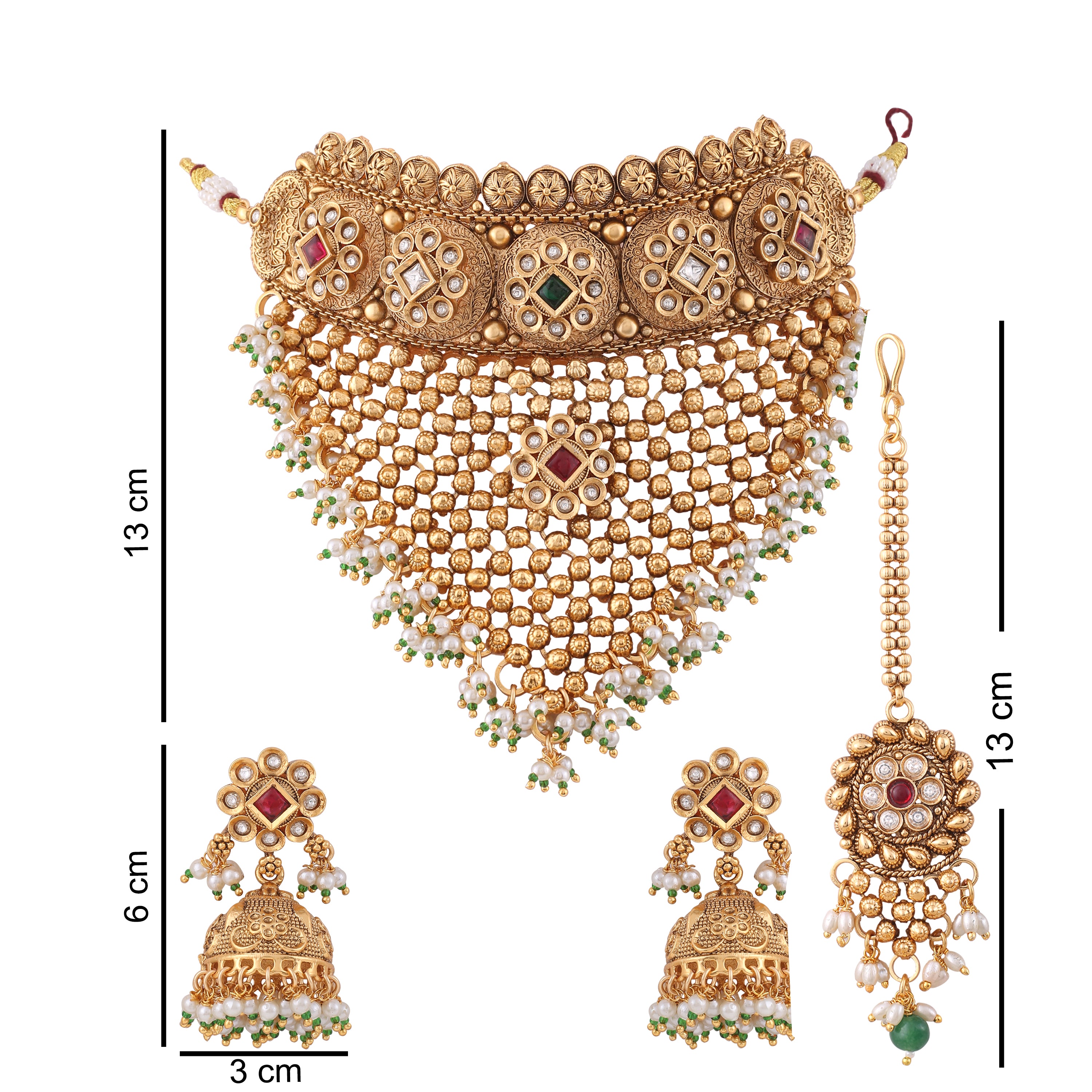 Antique Gold Multicolor Choker Necklace Set With Maang Tikka