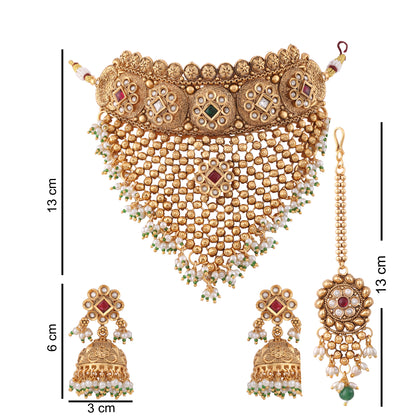 Antique Gold Multicolor Choker Necklace Set With Maang Tikka