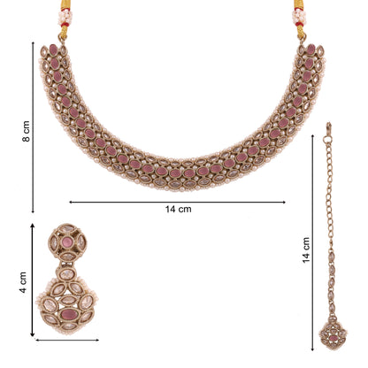 Pink Antique Polki Kundan Necklace Earrings Tika Set