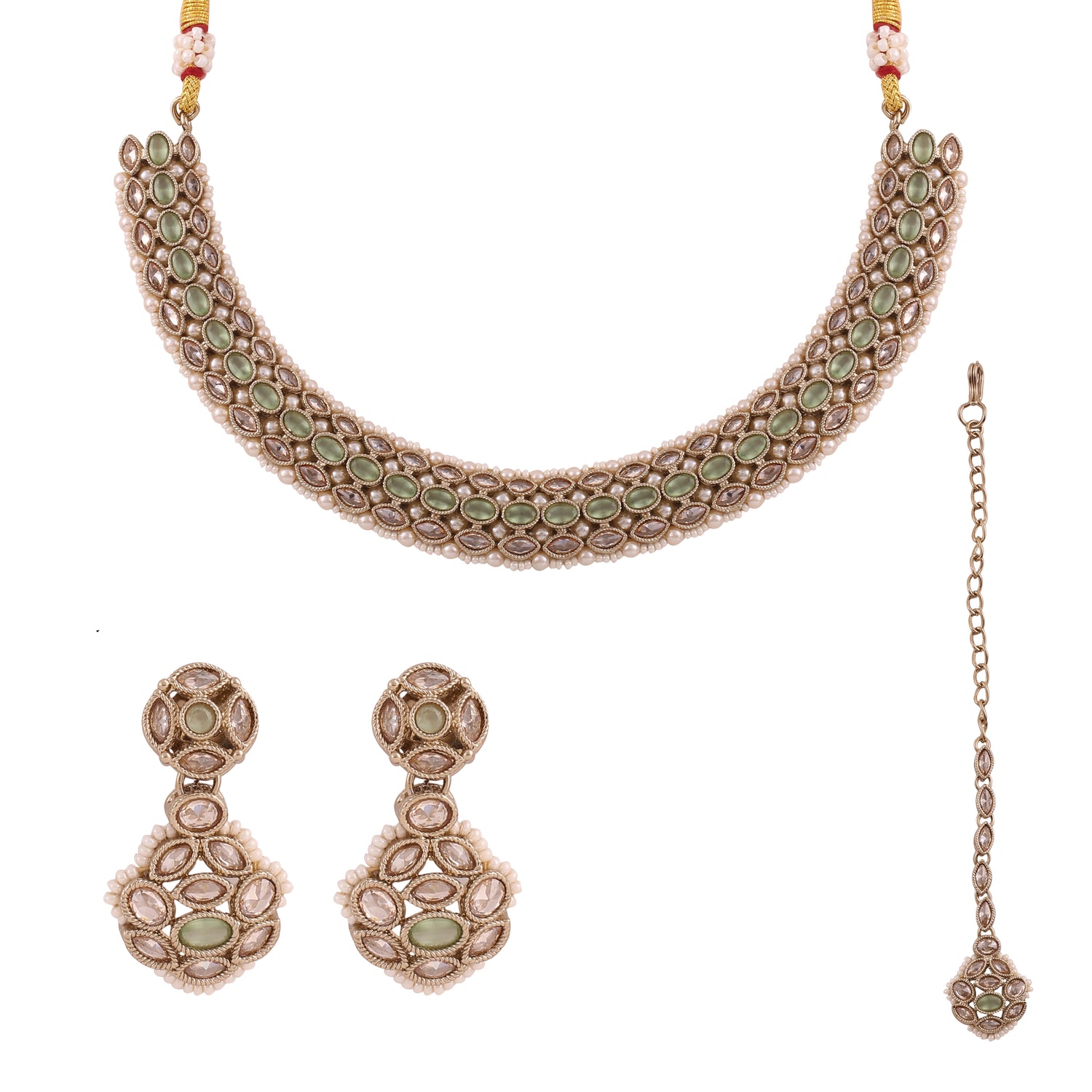 Mint Green Antique Polki Kundan Necklace Earrings Tika Set