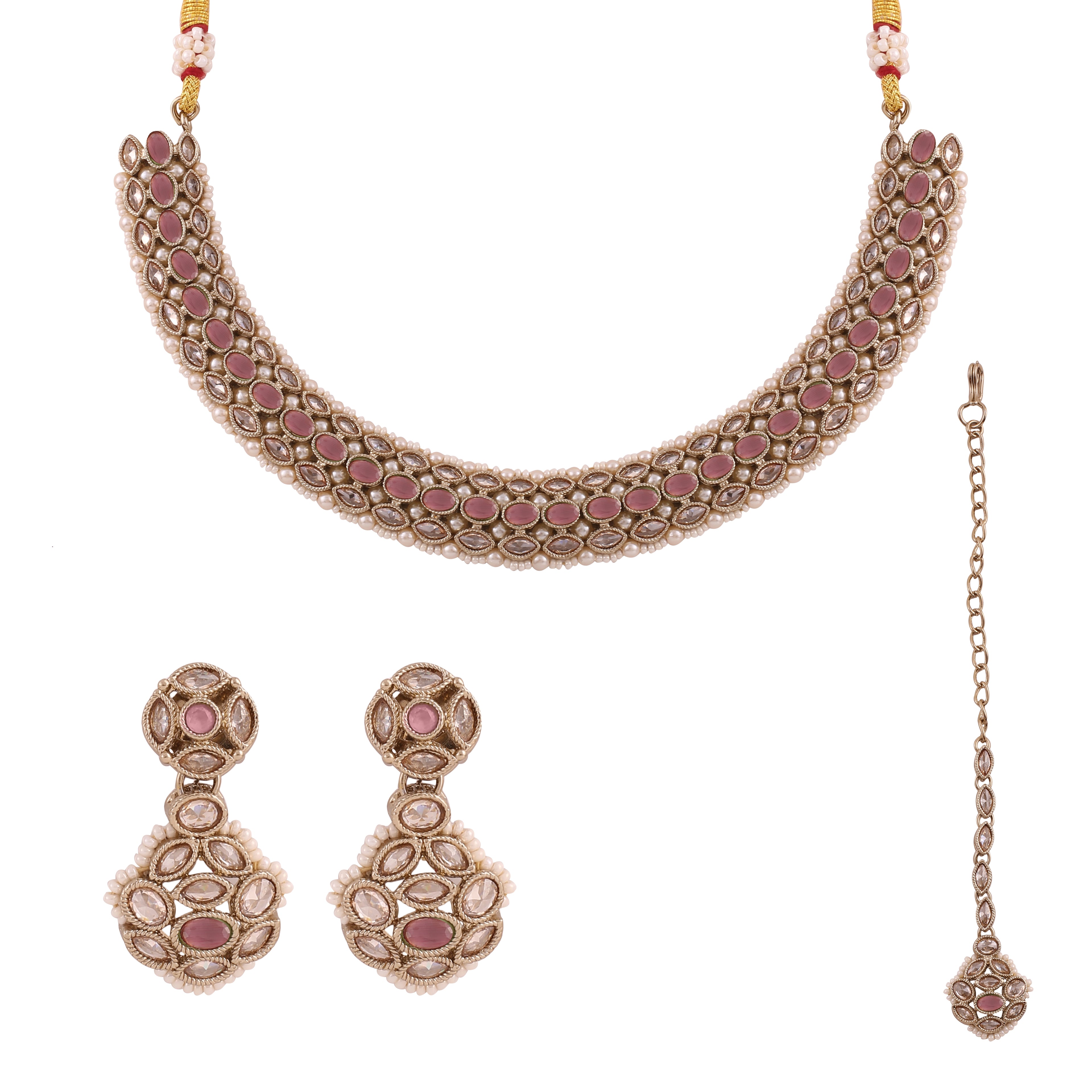 Pink Antique Polki Kundan Necklace Earrings Tika Set
