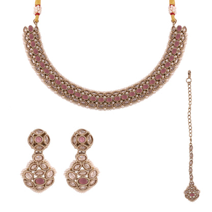 Pink Antique Polki Kundan Necklace Earrings Tika Set