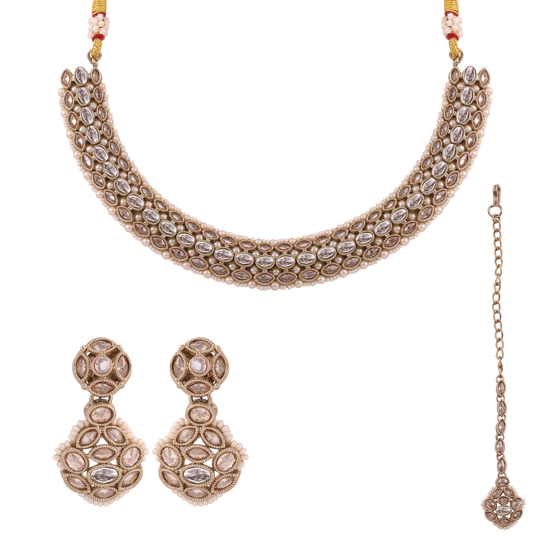 White Clear Antique Polki Kundan Necklace Earrings Tika Set