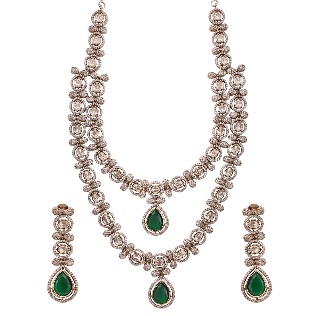 Emerald Victorian AD Moissanite Double Layer Necklace Set
