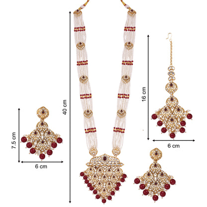 Ruby Polki Long Necklace Set With Maang Tikka