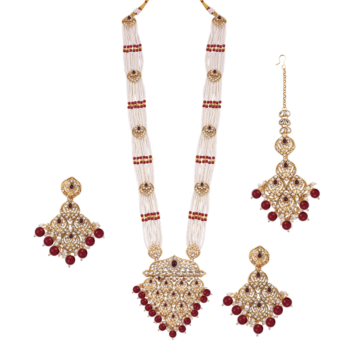 Ruby Polki Long Necklace Set With Maang Tikka