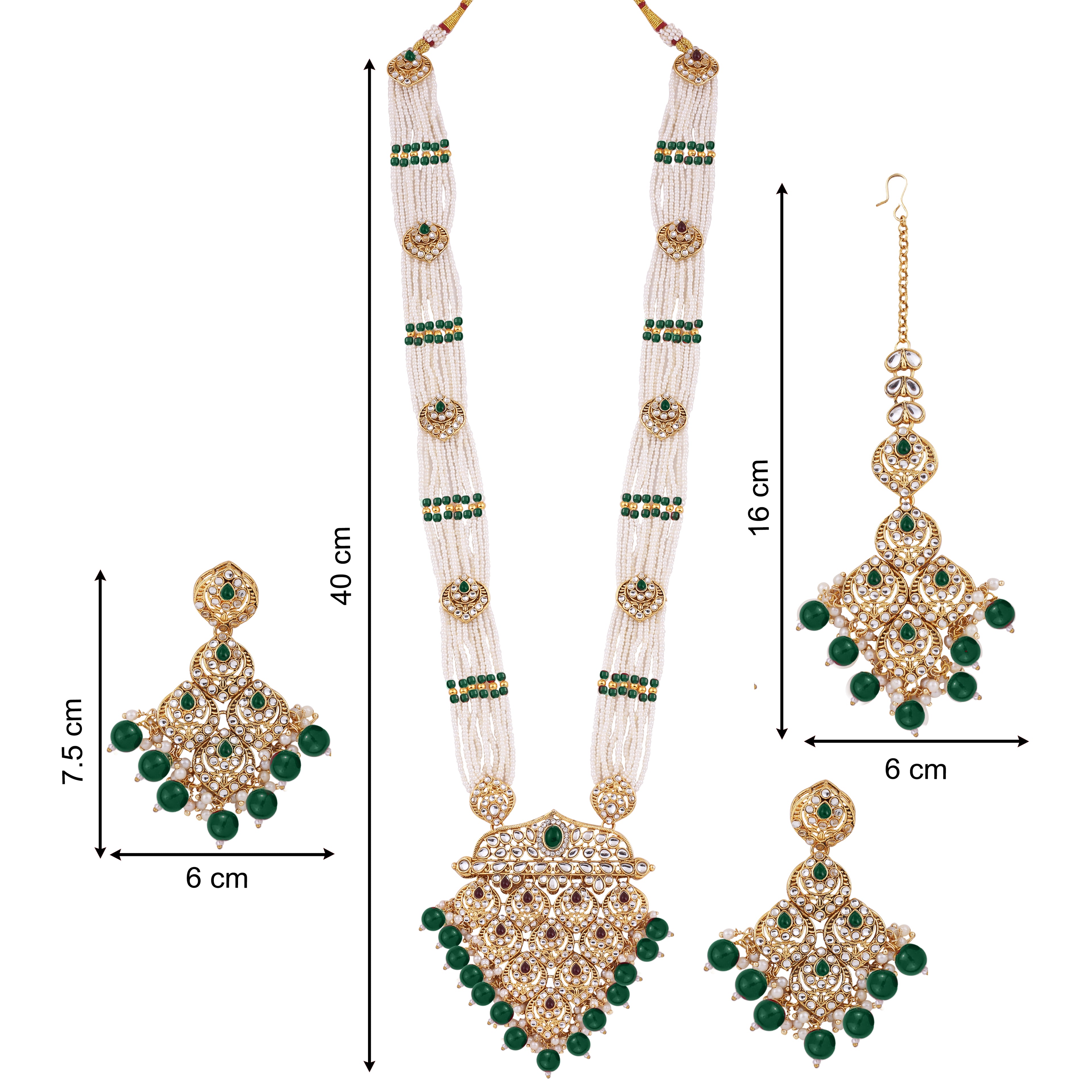 Emerald Green Polki Long Necklace Set With Maang Tikka