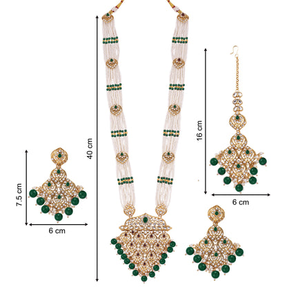 Emerald Green Polki Long Necklace Set With Maang Tikka