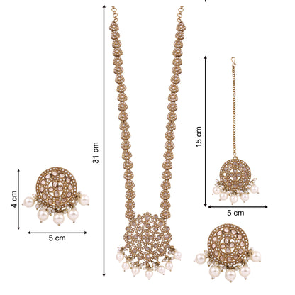 Antique Gold Polki Pearl Long Necklace Set With Maang Tikka