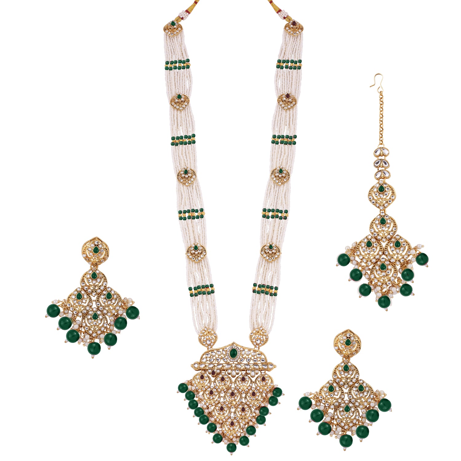 Emerald Green Polki Long Necklace Set With Maang Tikka